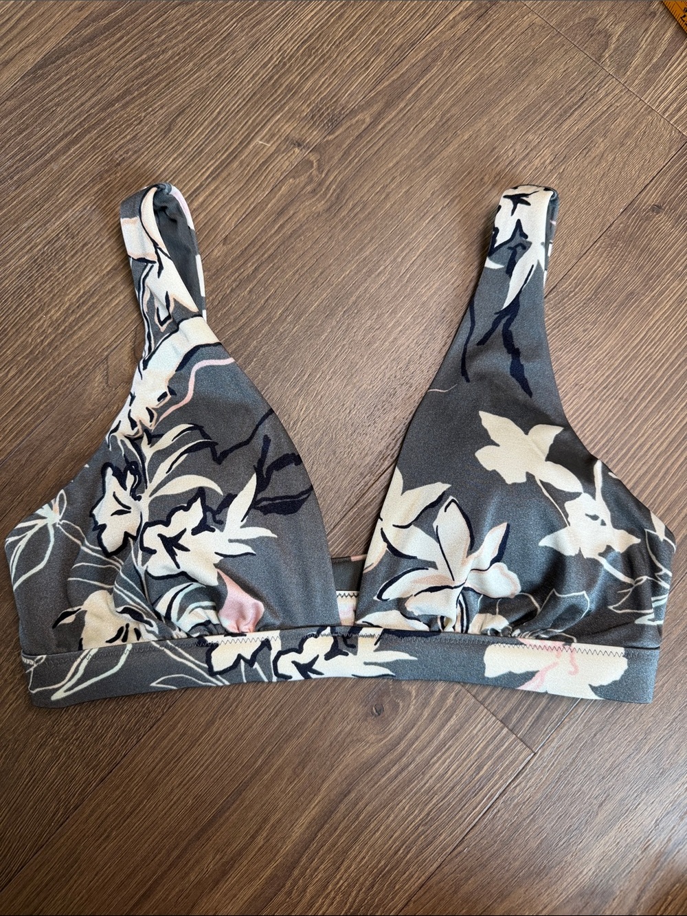 Athleta Aqualuxe Wildflower plunge Top Size S Gray Floral Print Swimwear Bikini